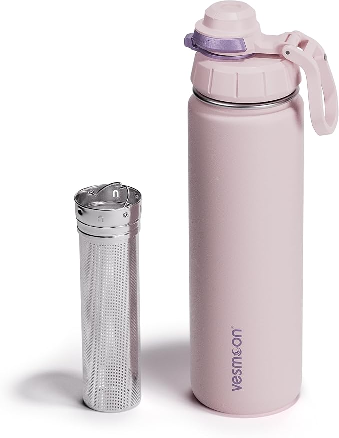Vesmoon Vessence 24 Oz Stainless Steel Tea Infuser Bottle for Loose Leaf Tea, Water, Herbs, Fruits - Triple Layered Insulated, Leak Proof Bottle with Lid and Clip Handle - 24 Hours Hot/Cold
