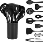 HANSGO Silicone Cooking Utensils Set - 446°F Heat Resistant Kitchen Utensils Set, 10PCS Kitchen Gadgets with Hanging Hole for Nonstick Cookware, Dishwasher Safe, Black