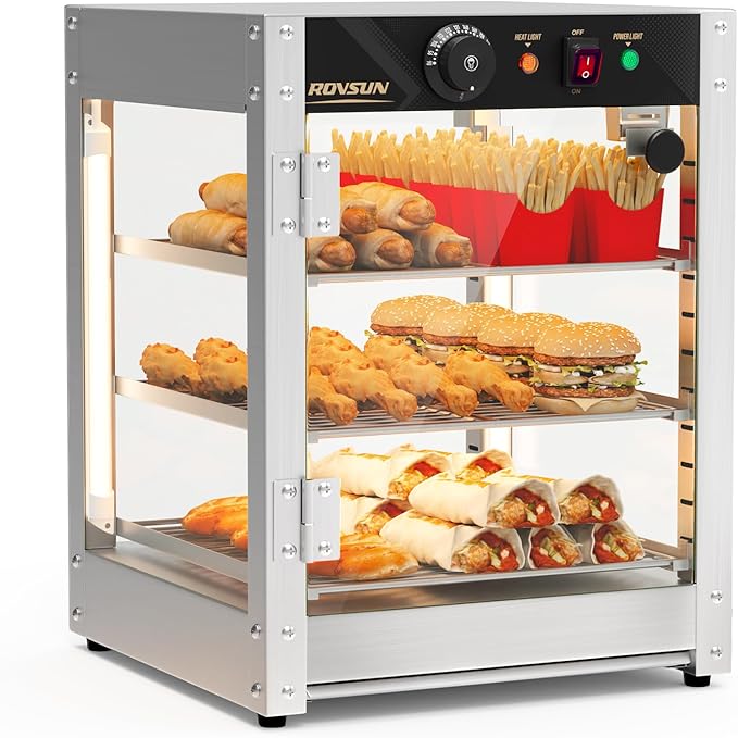 ROVSUN 3-Tier Commercial Food Warmer, 15" Pizza Warmer Food Warmer Display with LED Adjustable Lighting Glass Door Removable Shelves, Countertop Electric Food Warmer for Buffet Restaurant 110V 800W