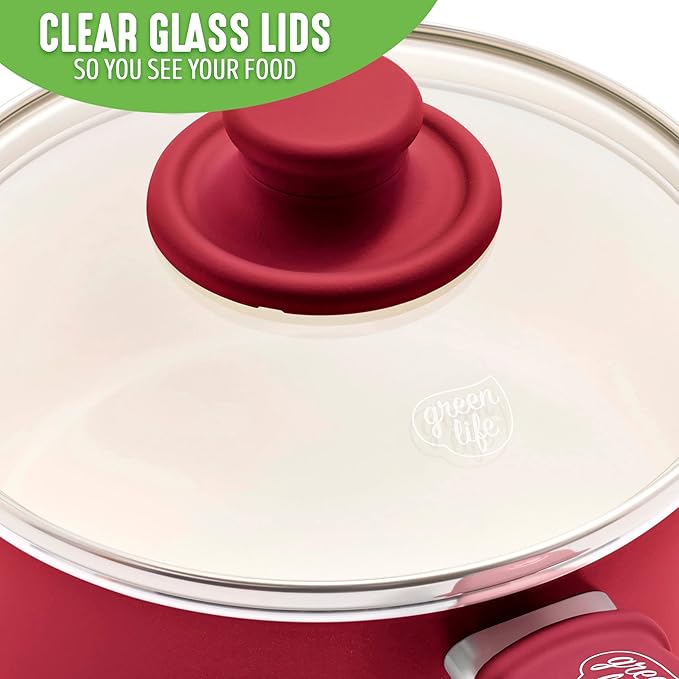 GreenLife Soft Grip 1QT and 2QT Saucepan Set, Healthy Ceramic Nonstick, Non Toxic PFAS & PFOA-Free, Dishwasher Safe, Glass Lids, Stay-Cool Handles, Easy Clean Cookware, Kitchen Essentials, Red