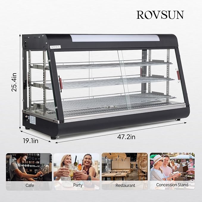 ROVSUN 48" Food Warmer Pizza Warmer Countertop, 3-Tier Food Warmer Display Pretzel Warmer w/LED Adjustable Removable Shelves Front & Rear Doors, Pastry Display Case for Buffet Restaurant, 1800W