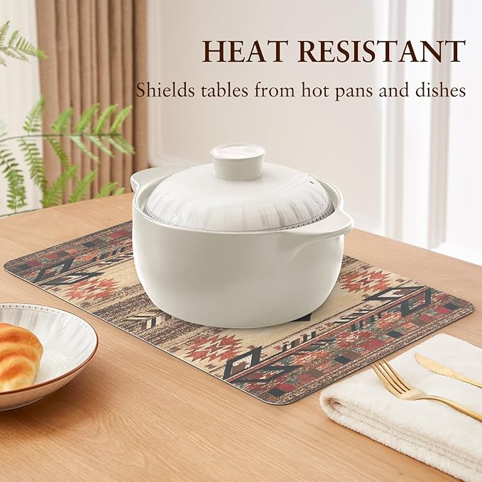 QIYI Placemats Set of 6, 12x18 Inch PU Leather Place Mats for Kitchen Dinning, Heat Resistant Anti Slip Brown Table Mats, Waterproof Wipeable Washable Placemat Party Table Décor, Geometric Motifs