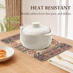 QIYI Placemats Set of 6, 12x18 Inch PU Leather Place Mats for Kitchen Dinning, Heat Resistant Anti Slip Brown Table Mats, Waterproof Wipeable Washable Placemat Party Table Décor, Geometric Motifs