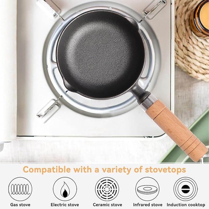Cast Iron Melting Pot, 4.3 inch Mini Egg Frying Pan Oil Heating Pan Milk Butter Warmer Pot with Wood Handle for Home Kitchen