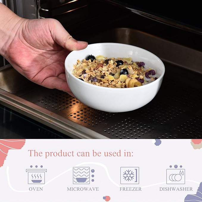 Miicol 6 Inch Ceramic Cereal Bowl, 20 oz White Small Bowls Set of 4, Tableware Suitable for Soup and Rice, Microwave and Dishwasher Safe