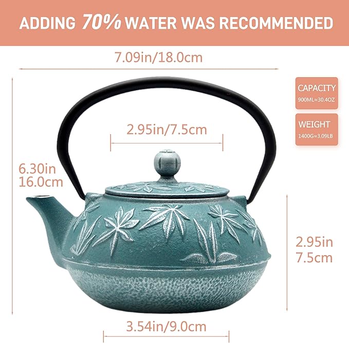 30.4oz Small Cast Iron Teapot Tea Kettle with Stainless Steel Infuser for Stovetop Safe Coated with Enameled Interior Japanese Tetsubin with Maple Leaves Pattern(30.4oz/900ml)