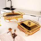 Casserole Dish 6" x 11" Glass Baking Dish with Stainless steel Lid and rack, Golden Rectangle 1.3 Qt Large Baking Pan For Casserole & Lasagna, Microwave Dishwasher Freezer Oven Safe