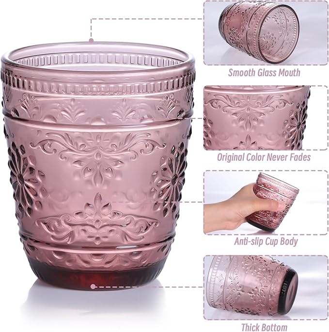 Purple Glassware set of 4, 10OZ Drinking Glasses, Purple Heavy Duty Glass Cups, Colored Glassware Set, Embossed Glasses Set for Party Wedding Home Office Gift