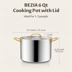 BEZIA 6 Quart Stainless Steel Stockpot with Lid, Induction Compatible Cooking Pots, Triple-Layer Bottom for Even Heat, Pasta & Soup Pot for Cooking, Boiling, Stewing, Dishwasher Safe