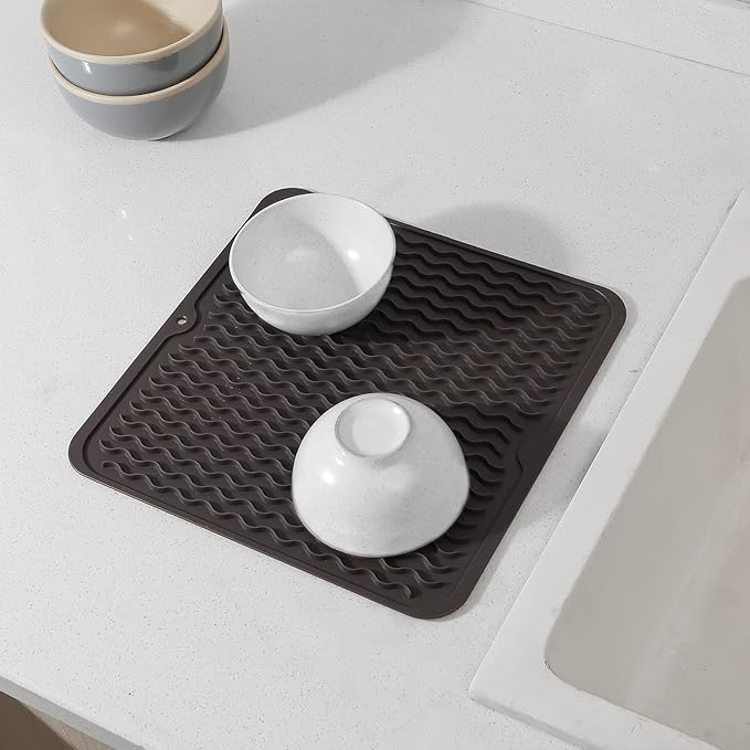 Silicone Dish Drying Mat for Multiple Usage,Easy clean,Eco-friendly,Heat-resistant Silicone Mat for Kitchen Counter or Sink,Refrigerator or Drawer liner Coffee M 12 inches x 12 inches