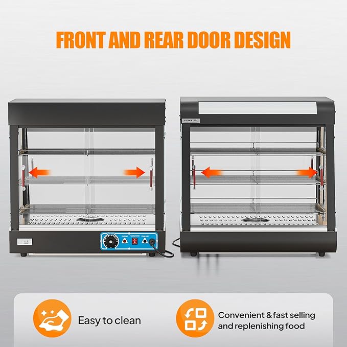ROVSUN 26" Commercial Food Warmer Display Pizza Warmer, 3-Tier Electric Countertop Food Warmer w/LED Lighting, Adjustable Removable Shelves & Glass Door, Pretzel Warmer for Buffet Restaurant 1200W