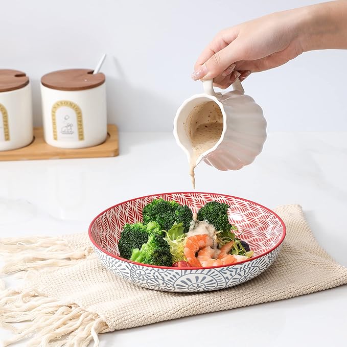 KitchenTour Pasta Bowls 26 Ounce, 8 inch Porcelain Ceramic Soup Dinner Salad Serving Bowls Set of 6, Dishwasher and Microwave Safe, Assorted Colors