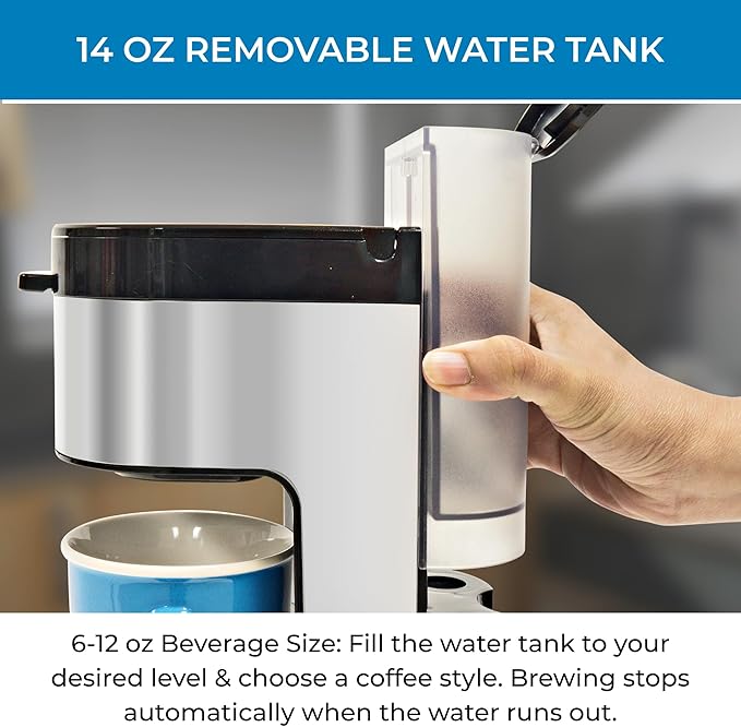 Koolatron Kenmore Single Serve Coffee Maker & Stainless Steel Travel Mug, Capsule/Pod & Ground Coffee Brewing, K Cup Compatible, Hot & Iced Coffee Machine, 6 to 14 Oz Brew Sizes, Auto Shut-Off, Black