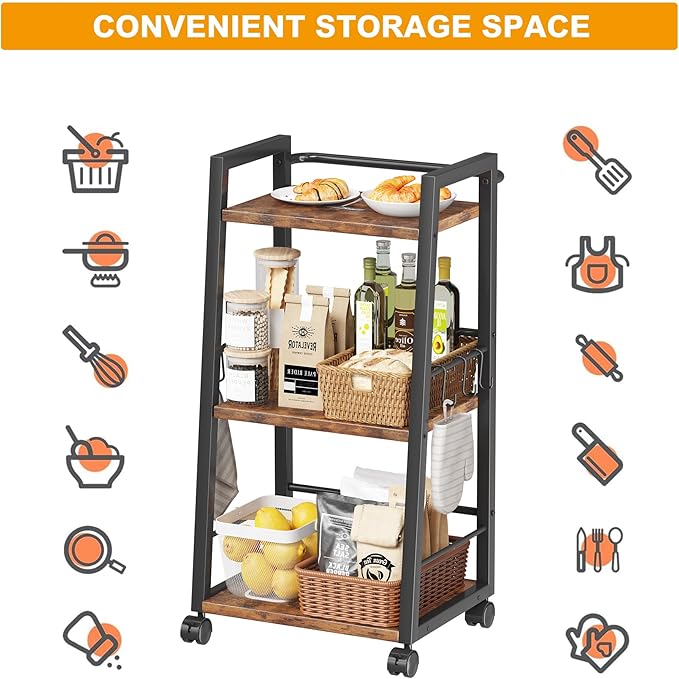 3 Tier Kitchen Storage Cart with Lockable Wheels & 6 Hooks, Mobile Utility Organizer Rolling Cart for Small Spaces, Bar Cart for Kitchen and Living Room, Rustic Brown