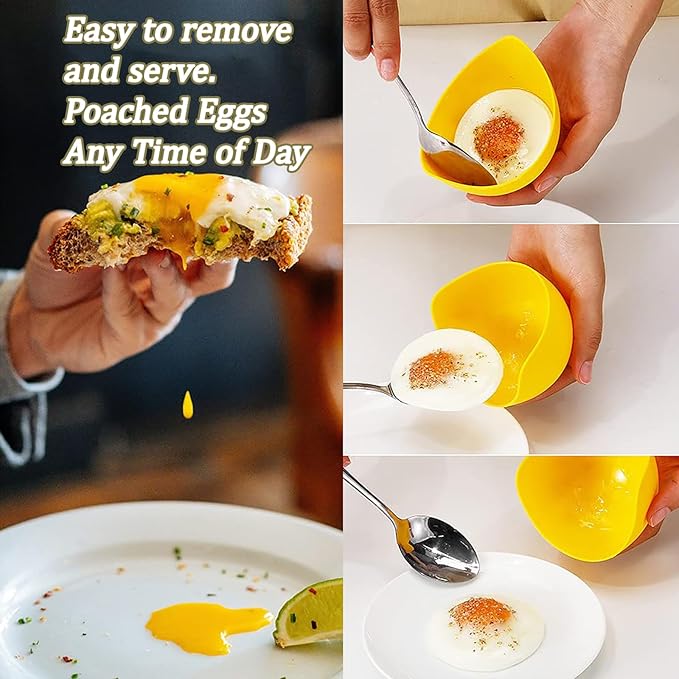 4 Pcs Silicone Egg Poacher Cups, Poached Egg Cooker with Ring Standers for Microwave or Stovetop Egg Cooker with Extra Oil Brush