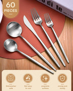 60-Piece Silverware Set for 12,Ollex Food-Grade Stainless Silver Flatware Set Include Spoons Forks Knives Matte Utensil Cutlery Set,Satin Finished & Dishwasher Safe