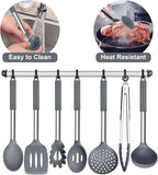 E-far Silicone Cooking Utensils Set, 7 Pcs Heat Resistant Kitchen Utensils with Stainless Steel Handle, Slotted Turner, Spoon, Soup Ladle, Pasta Server, Skimmer, Tongs for Nonstick Cookware, Gray