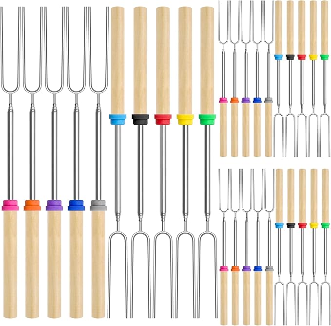 30 Pack Smores Sticks Kit, 32 Inch Marshmallow Roasting Sticks for Fire Pit, Extendable Hot Dog Smores Skewers Camping Accessories Marshmellow Forks Campfire BBQ Grill Tools, 10 Colors