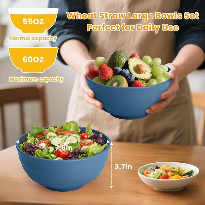 Homienly Deep Noodle Bowls Set of 8: 60oz Large Wheat Straw Bowls for Pho, Ramen & Salad, Lightweight & Unbreakable, Microwave Safe for Camping, Cereal & Soup (Blue)