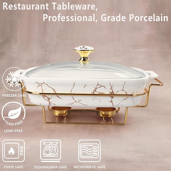 11" x 7" Ceramic Casserole Dish with Glass Lid and rack, 1.3 Quart Serving Soup Tureen,Chafing Dish for Buffet, Family Food preserve Tray, Catering Casserole for Party Style