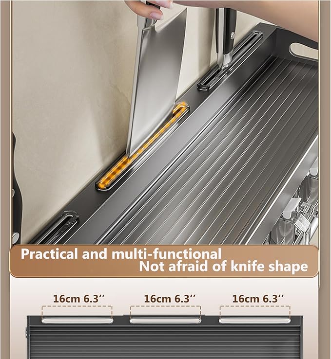 Hanging Wall Mount knife Wall Mount,Condiment Cup, Space-Saving Knife Rack with Hooks, Kitchen Organizer Storage Shelf for Utensils Spatula Spoon, Kitchen Utensil Hanger (Black, 48cm+6Cups+10Hooks)