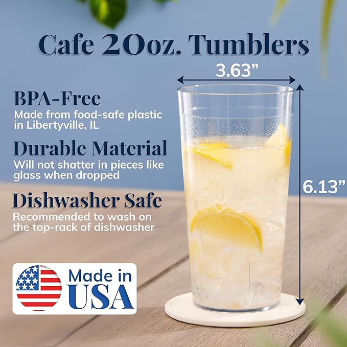 US Acrylic Cafe Plastic Reusable Tumblers (Set of 16) 20-ounce Water Cups in Clear | Value Set of Restaurant Style Drinking Glasses, Stackable, BPA-free, Made in the USA | Top-rack Dishwasher Safe
