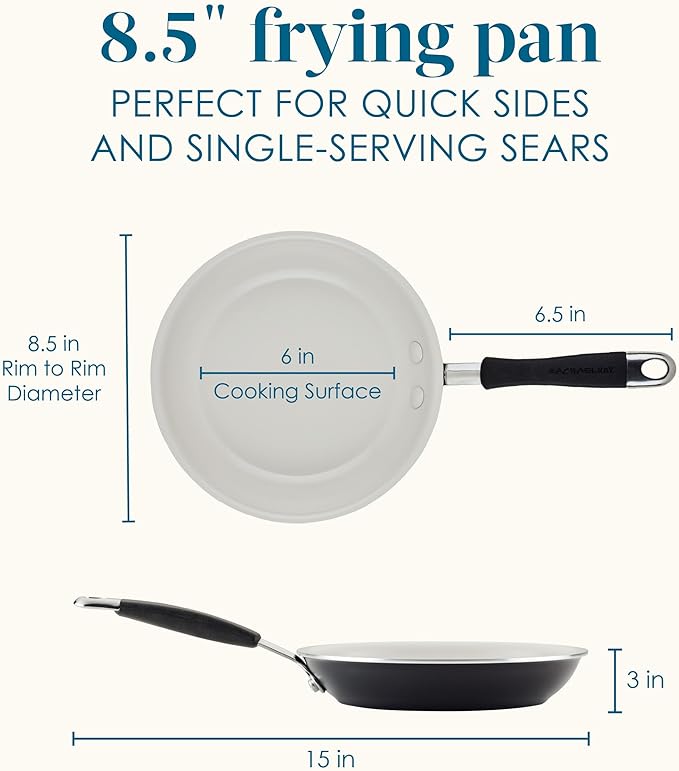 Rachael Ray Cucina Ceramic Nonstick Frying Pan/Skillet, 8.5 Inch Non Stick Open Fry Pan, Dishwasher Safe - Peppercorn