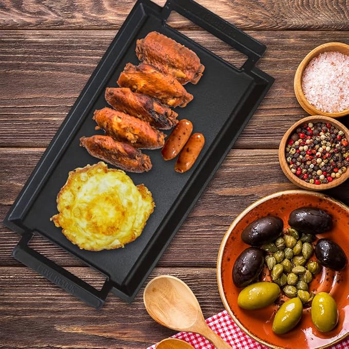 COVERCOOK Griddle Pan, Cast Iron Grill Hot Plate, Rectangular Grill with Flat Surface for Electric Stove Top and Induction Cooktop,16.7 x 9.1in
