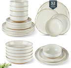 AmorArc Ceramic Dinnerware Sets with Pasta Bowls for 8, Handpainted Plates and Bowls Set with Rustic Terracotta Underside, Scratch Resistant Dishes Set, Dishwasher & Microwave Safe, 32 Pcs