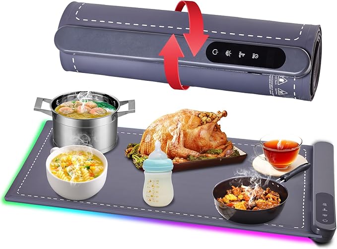 Warming Mat For Food Chafing Dishes for Buffet,Food Warming Mat,Portable Food Warmer,Counter Silicone Warming Mat With 6 Level Temperature 6 Hours Timers (XL 24"x16") Grey Fathers Day