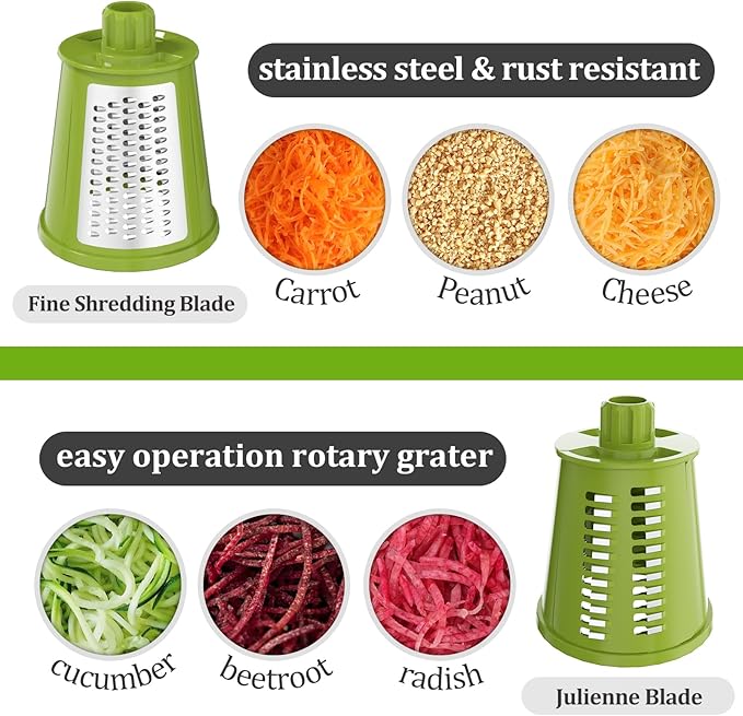 Ourokhome Rotary Cheese Grater Cheese Shredder, Mandoline Vegetable Slicer with 5 Interchangeable Blades and Strong Suction Base for Fruit, Vegetables, Nuts Grey