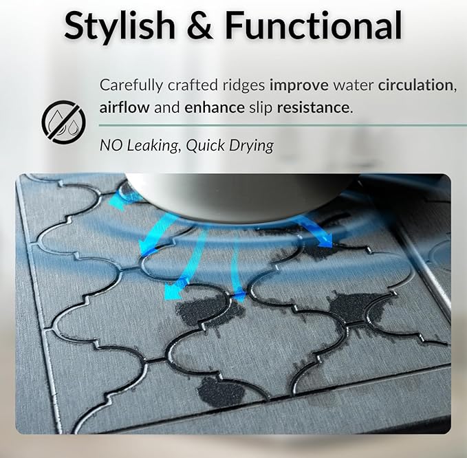 BARTEQ Stone Dish Drying Mat Large - 23.6” X 15.4" Foldable Diatomaceous Stone Drying Mat for Kitchen Counter | Fast Absorbtion | Non-Slip Quick Drying Stone Mat | Moroccan Trellis Grey