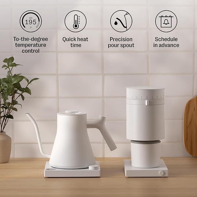 Fellow Stagg EKG Pro Electric Gooseneck Kettle - Pour-Over Coffee and Tea, Quick Heating, Precise Temperature Control, Scheduling, Built-in Brew Timer, Matte White with Maple Wood Handle, 0.9 Liter