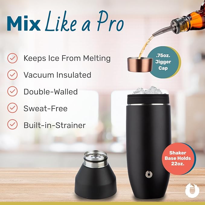 SNOWFOX Premium Vacuum Insulated Stainless Steel Cocktail Shaker, Home Bar Accessories, Elegant Drink Mixer, Leak, Proof Lid With Jigger & Built, In Strainer, Light Pink, 22oz.