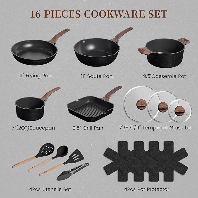 Kikcoin 16Pcs Pots and Pans Set Nonstick Ceramic Cookware Sets Induction Kitchen Cooking Set Non toxic Healthy Non Stick w/Grill Pan, Saute Pan, Black