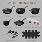 Kikcoin 16Pcs Pots and Pans Set Nonstick Ceramic Cookware Sets Induction Kitchen Cooking Set Non toxic Healthy Non Stick w/Grill Pan, Saute Pan, Black