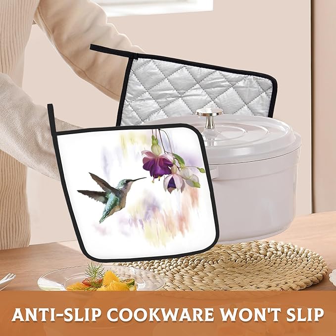 2 Pack Groovy Hummingbird Flowers Pot Holders for Kitchen Heat Resistant, Potholders for Kitchens Washable for Cooking & Baking & Microwave