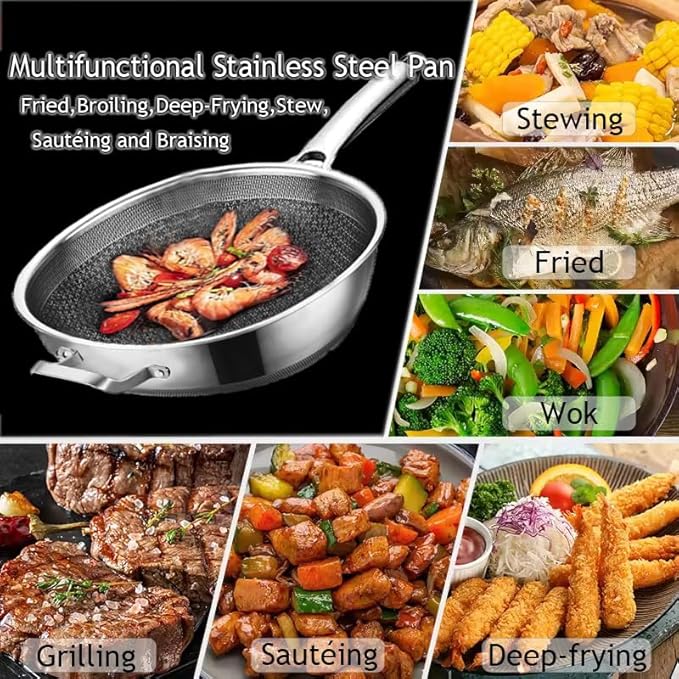 Wok,13 Inch Hybrid Woks & Stir-Fry Pans Nonstick, Large Stainless Steel Wok with Lid,Induction Non Stick Woks,PFOA Free Cookware,Dishwasher And Oven Safe