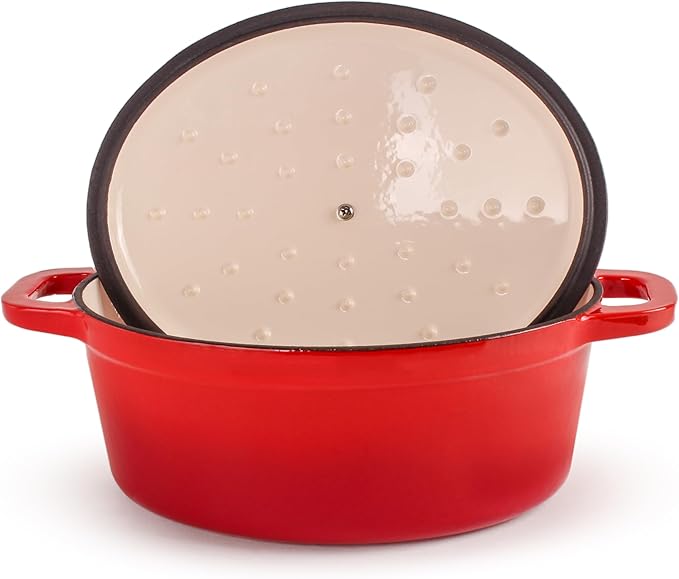 BergHOFF 9Pc Neo Cast Iron Cookware Set, Silicone Heat Spatulas, Matching Lid,Oven Safe Up To 400°F, Red