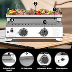 R.W.FLAME 2 Burner Tabletop Propane Griddle, 23" Stainless Steel Gas Griddle, 16,000 BTU Flat Top Grill for Outdoor BBQ,Camping & Patio Gatherings