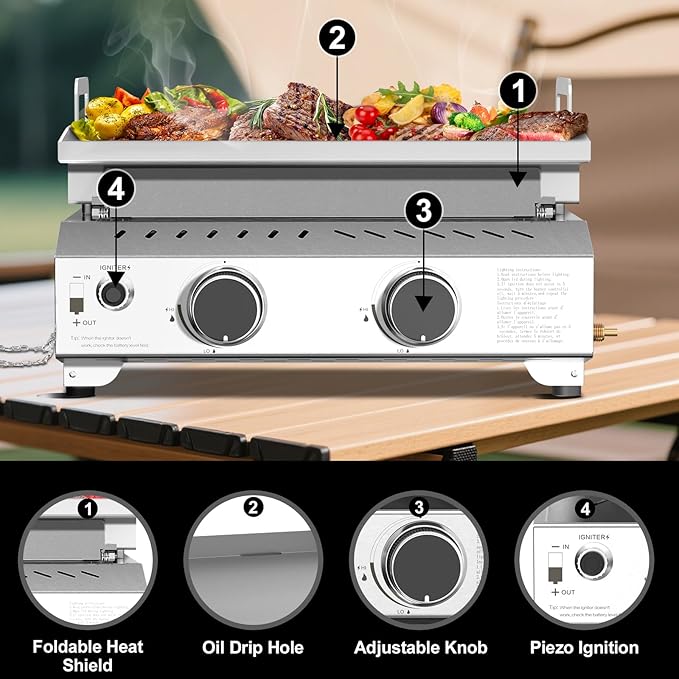 R.W.FLAME 2 Burner Tabletop Propane Griddle, 23" Stainless Steel Gas Griddle, 16,000 BTU Flat Top Grill for Outdoor BBQ,Camping & Patio Gatherings