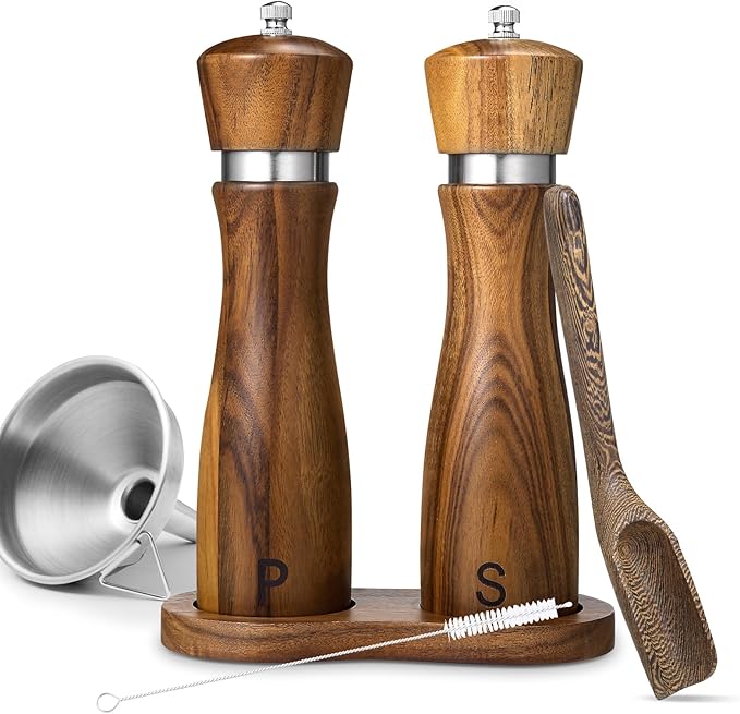 2 Pack Acacia Wood Salt and Pepper Grinder Set – 8” Manual Mills with Adjustable Ceramic Core, Stainless Steel, Tray, Spoon, Brush & Funnel – Rustic Wooden Gift Set for Kitchen or Table
