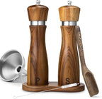 2 Pack Acacia Wood Salt and Pepper Grinder Set – 8” Manual Mills with Adjustable Ceramic Core, Stainless Steel, Tray, Spoon, Brush & Funnel – Rustic Wooden Gift Set for Kitchen or Table