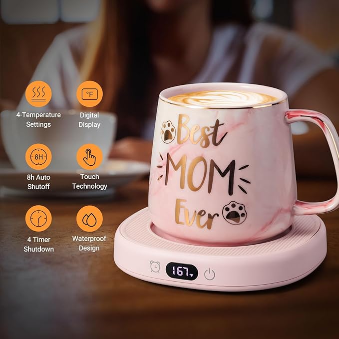 Coffee Mug Warmer & Best MOM Ever Mug Set, Electric Cup Warmer for Desk, Beverage Warmer with 4 Temperature Setting, 8H Auto Shut Off, Mom Gifts from Daughter Son