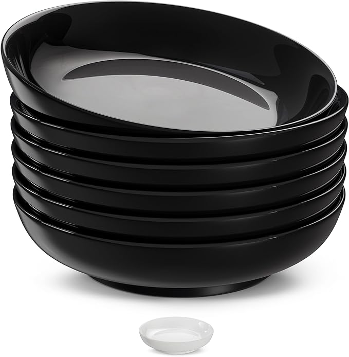 KooK Pasta Bowls Set of 6, Salad Bowl, Large, Ceramic, Microwave and Dishwasher Safe, Great for Soups and Salads, Shallow Serving Bowls, Glossy Porcelain, 32 oz, (Black)