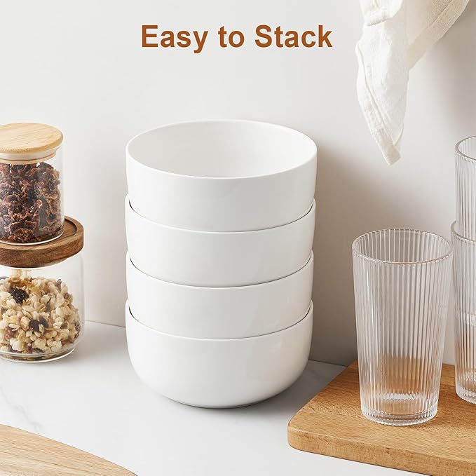 Jassceram Ceramic Soup Bowls Set of 4, 30 Oz Salad Bowls for Kitchen, White Serving Bowl for Cereal, Oatmeal, Fruit, Suitable for Kitchen or Dining - Dishwasher & Microwave Safe, 6 Inch, White