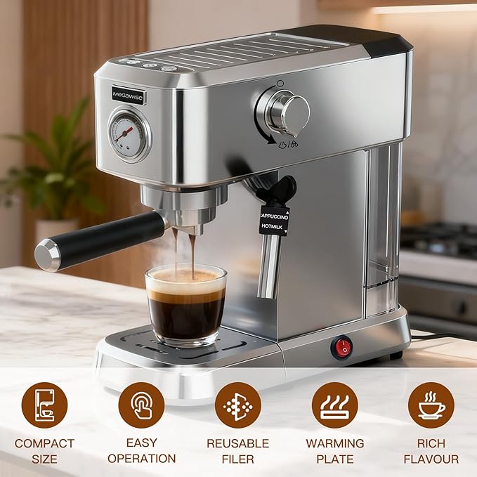 MEGAWISE Espresso Machine 20 Bar, Compact Stainless Steel Coffee Maker with Steam Milk Frother & Removable Tank for Cappuccino, Latte - Silver