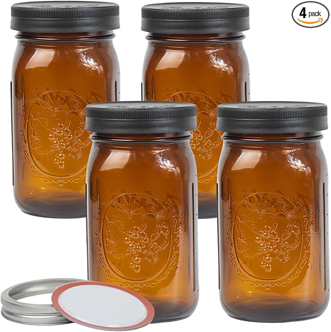4 Pack 32 oz Amber Wide Mouth Mason Jars with Airtight Lids and Black Plastic Mason Jar Lids, Amber Canning Jars