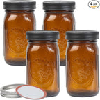 4 Pack 32 oz Amber Wide Mouth Mason Jars with Airtight Lids and Black Plastic Mason Jar Lids, Amber Canning Jars