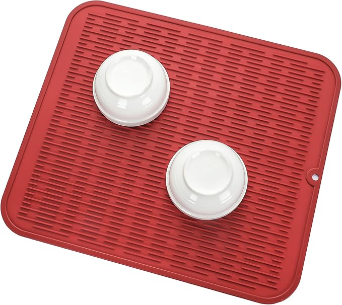 Silicone Dish Drying Mat for Multiple Usage,Easy clean,Eco-friendly,Heat-resistant Silicone Mat for Kitchen Counter or Sink,Refrigerator or Drawer Liner Red XL 18 inches x 16 inches